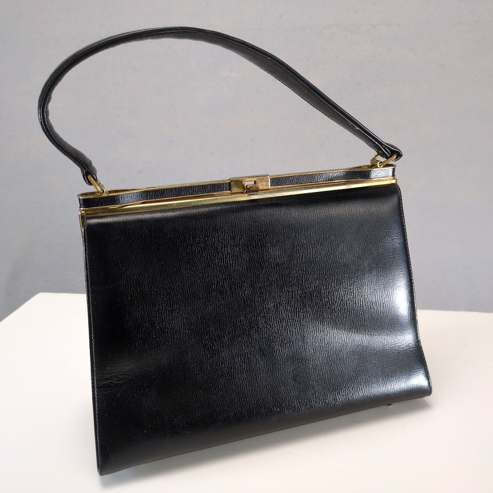 Vintage Doral Black Leather Top Handle Handbag Frame Purse Gold Tone 1960s